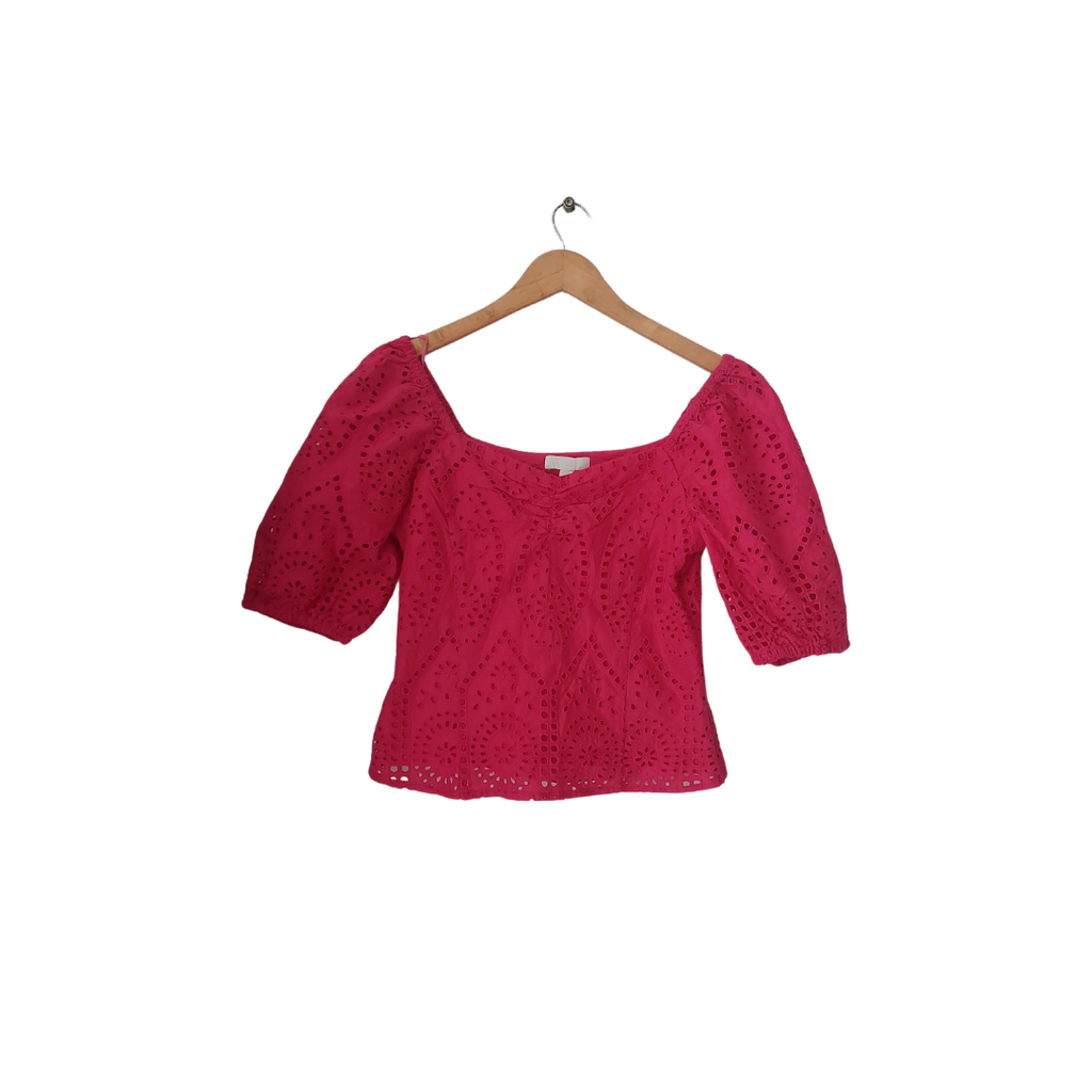 H&M Fuchsia Lace Puff Shoulders Cropped Blouse | Pre Loved |