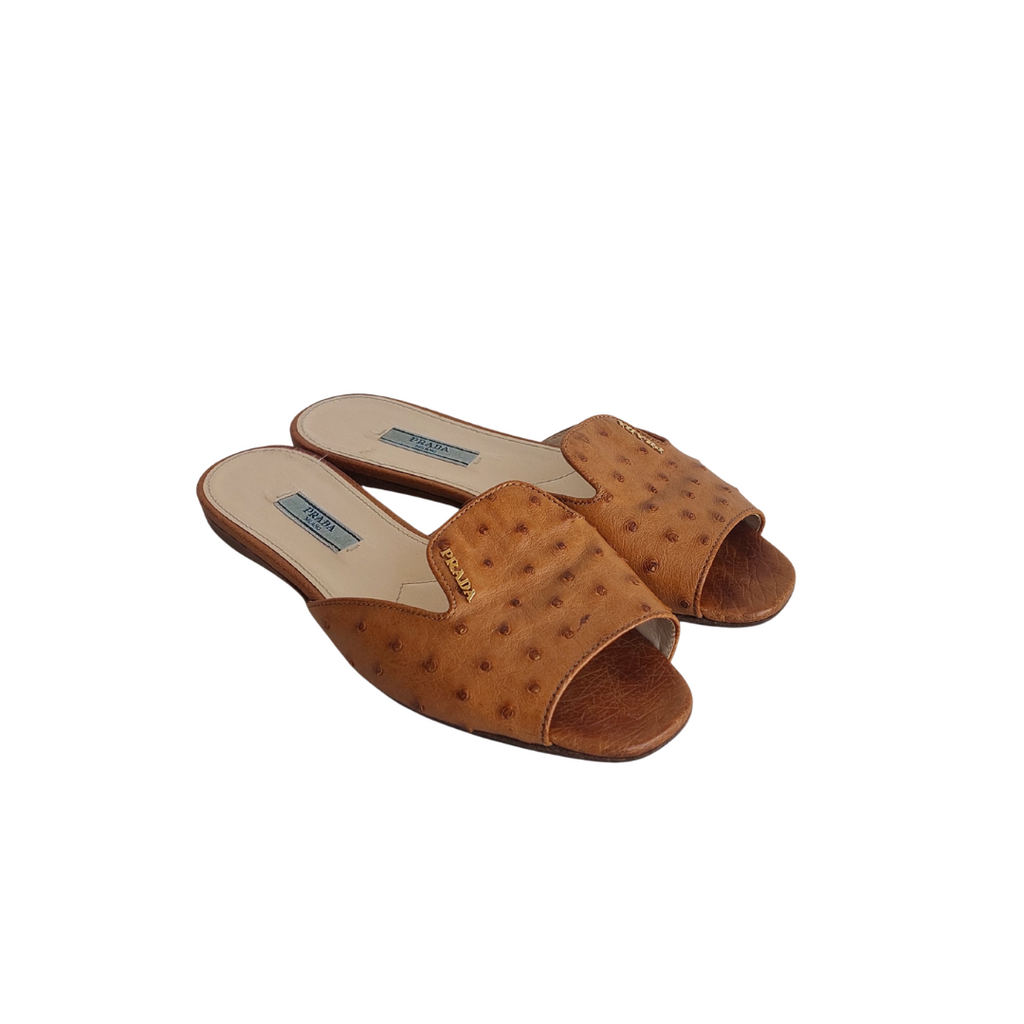 Prada Brown Ostrich Leather Slide Mules | Pre Loved |