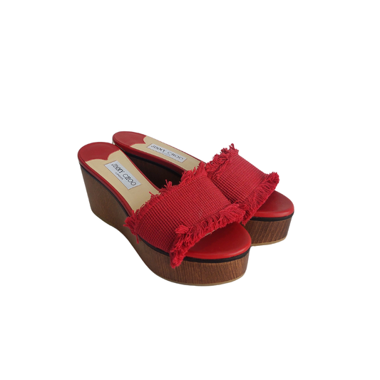 Jimmy Choo Deedee Red Frayed Cotton Wooden Wedge Sandals | Like New |