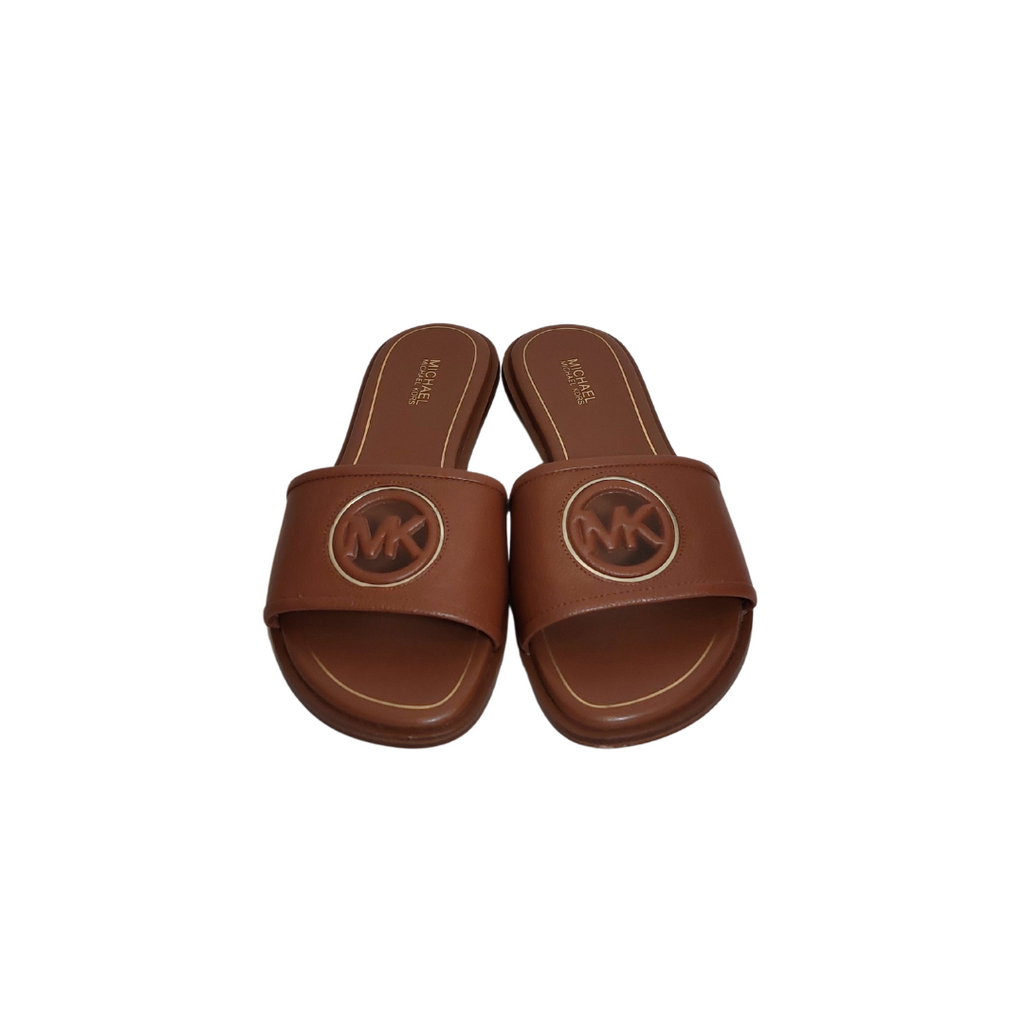 Michael Kors Brown Deanna Cutout Leather Slides | Brand New |