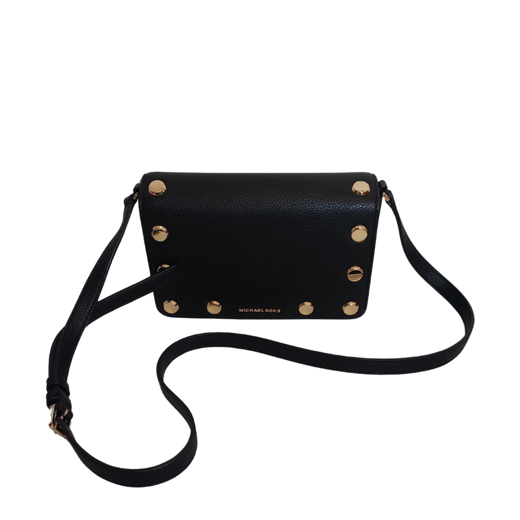 Michael Kors Black Pebbled Leather Gold Studded 'Holly' Crossbody Bag | Gently Used |