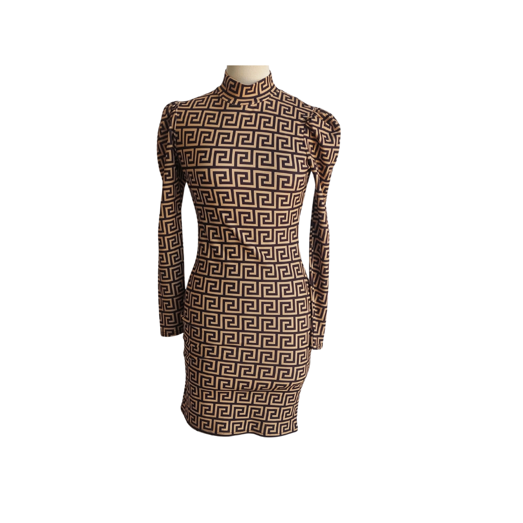 Quiz Black & Yellow Meander Print Mock Neck Knee Length Dress | Brand New |
