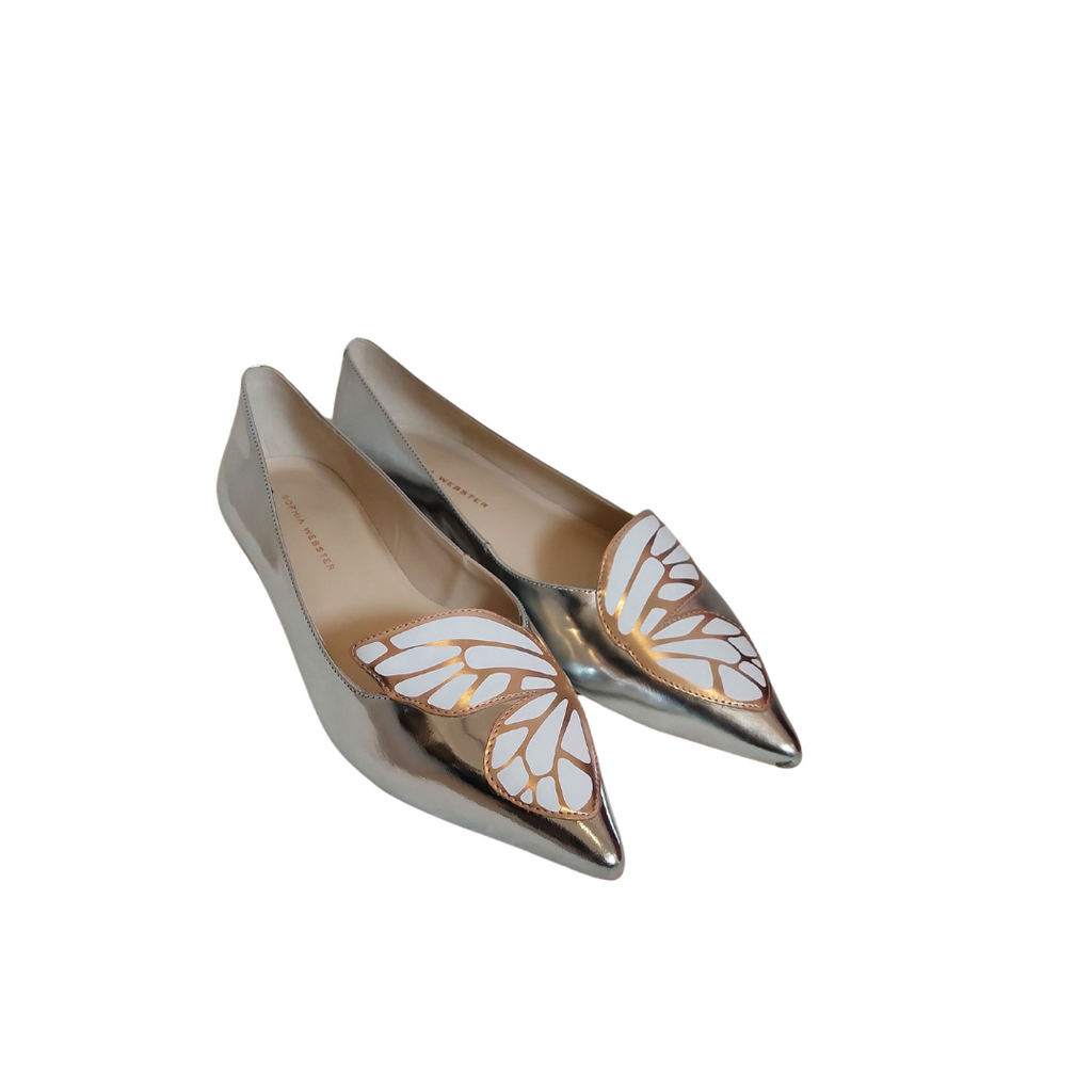Sophia Webster Silver Bibi Butterfly Pointed Flats | Brand New |