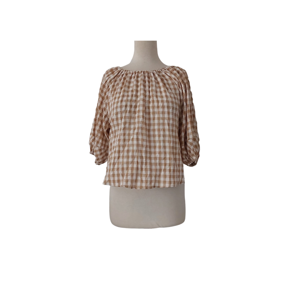Mango Brown & White Checked Off-shoulder Blouse | Gently Used |