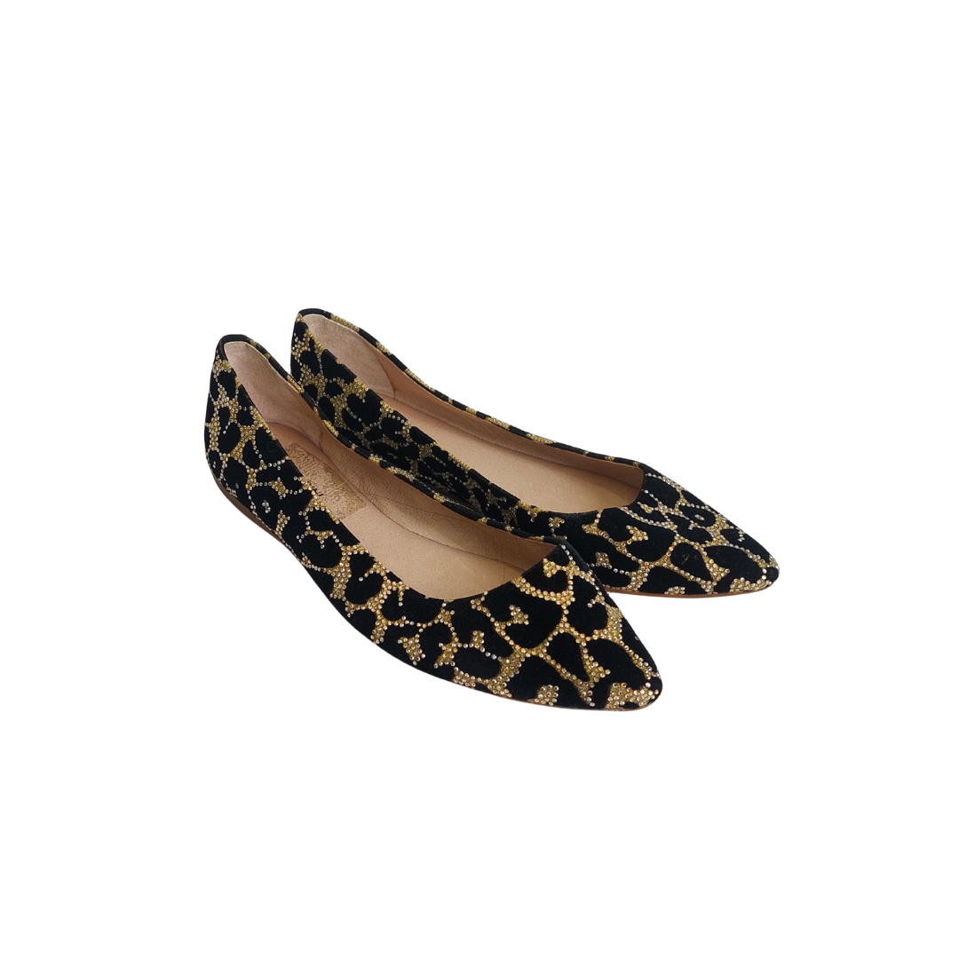 Gianni Binni Black & Gold Rhinestone Suede Ballet Flats | Like New |