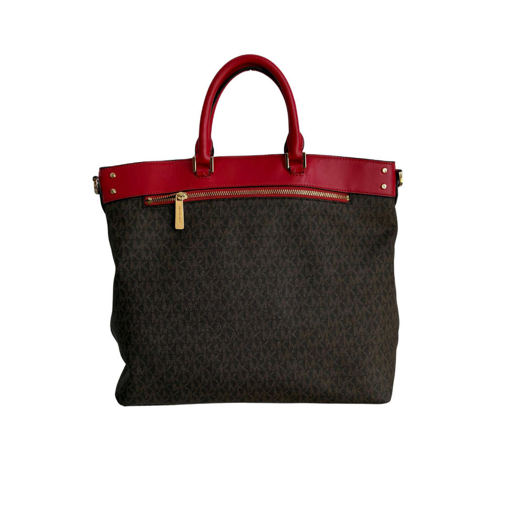 Michael Kors Flame Red & Brown Canvas & Leather Travel Large Signature Tote | Pre Loved |