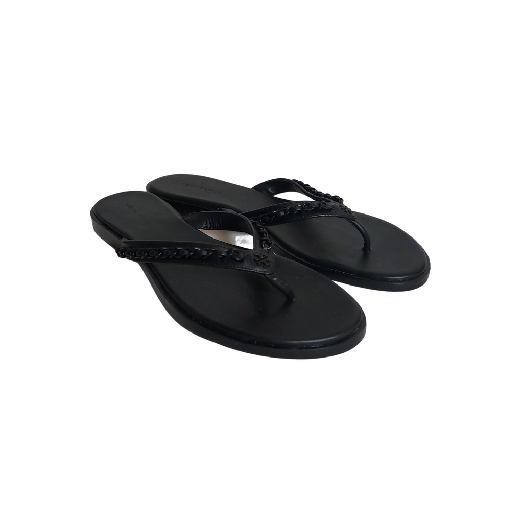 Tory Burch Black Leather Everly Chain Thong Sandals | Brand New |