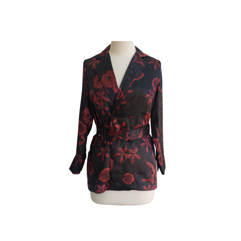 Zara Black & Rust Self Print Satin Button Down Belted Top | Brand New |