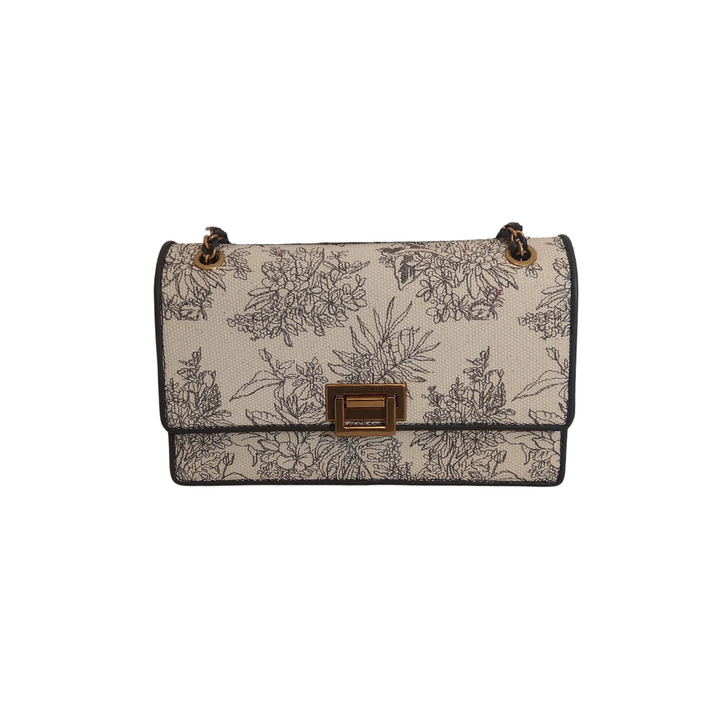 Charles & Keith Cream & Brown Floral Illustrated Canvas Shoulder Bag | Brand New |