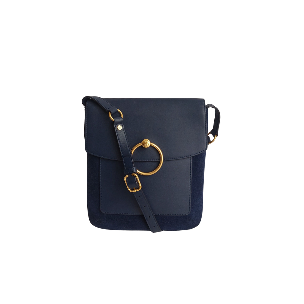 Tory Burch Royal Navy Leather & Suede Farrah Shoulder Bag | Gently Used |