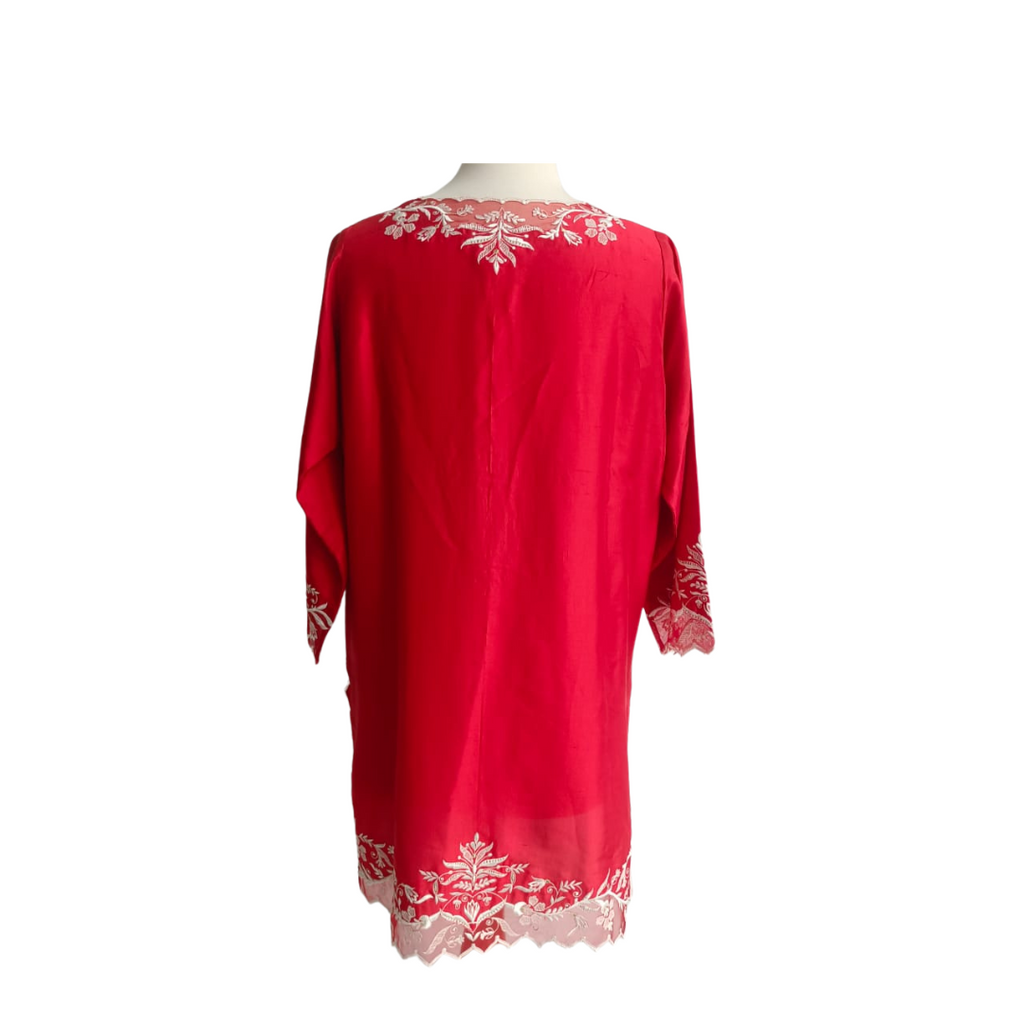 Miraka Red & White Silk Embroidered Kurta | Gently Used |
