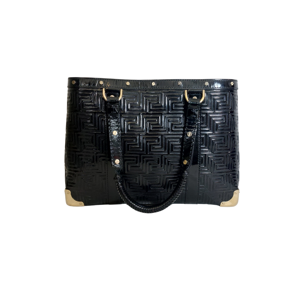 Versace Black Patent Leather & Gold Studded Shoulder Bag | Pre Loved |
