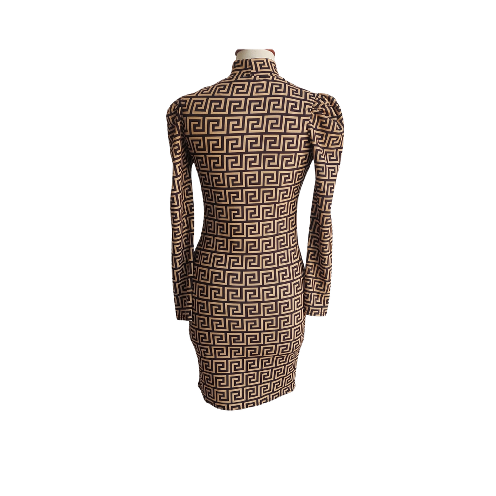 Quiz Black & Yellow Meander Print Mock Neck Knee Length Dress | Brand New |
