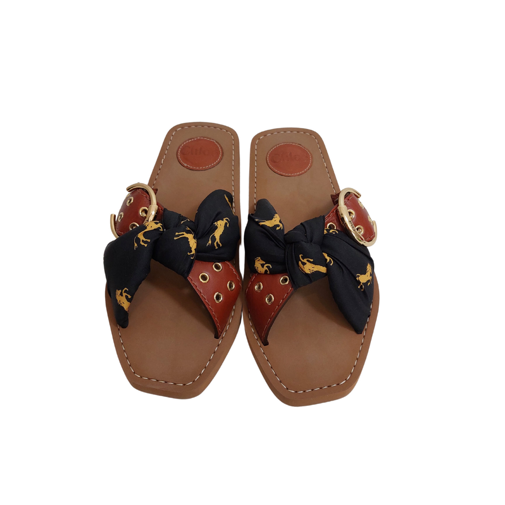 Chloe Woody Leather and Printed Satin-twill Slides | Gently Used |