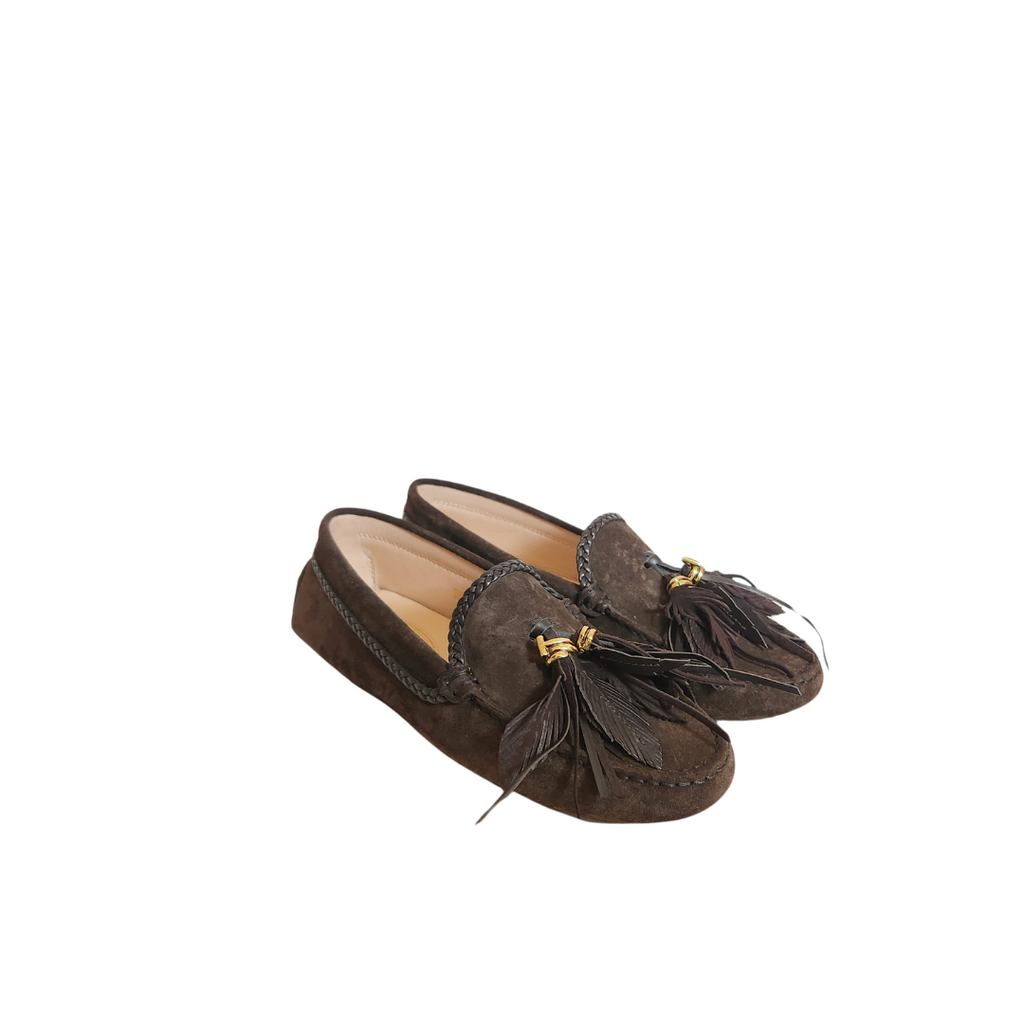 TOD'S Brown Suede Leaf Tassel Loafers | Like New |