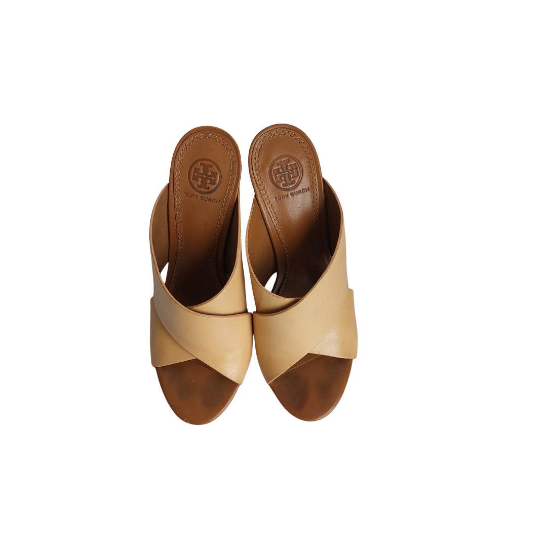 Tory Burch Beige Leather Colorblock Wedges | Pre Loved |