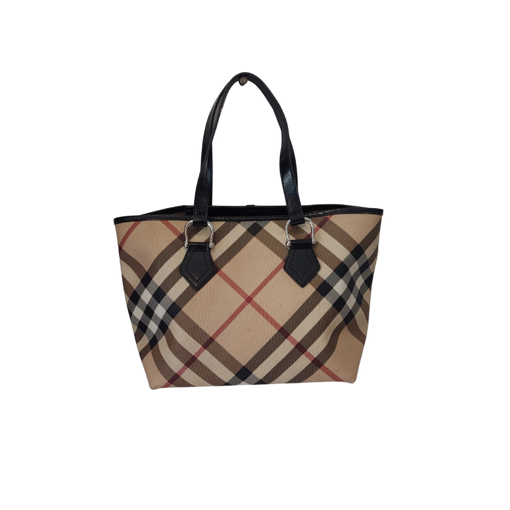 Burberry Beige/Black Nova Check Coated Canvas and Patent Leather Tote Bag | Pre Loved |