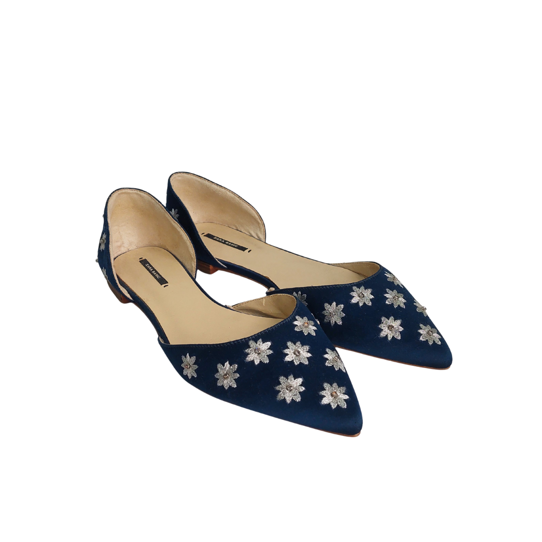 Zara Basic Navy Blue Satin Silver Embroidered Pointed Toe d'Orsay Flats | Pre Loved |