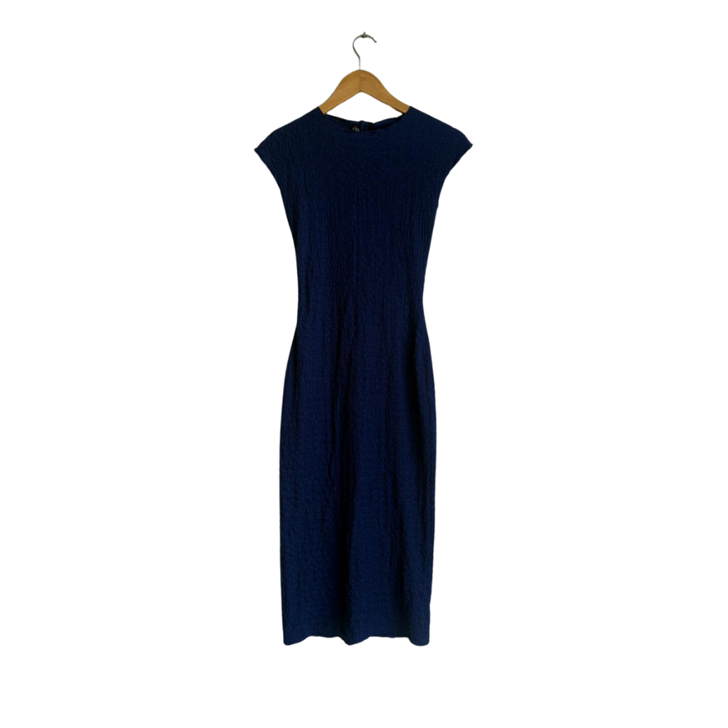 ZARA Royal Blue Crinkle Textured Cap-Sleeves Dress | Brand New |