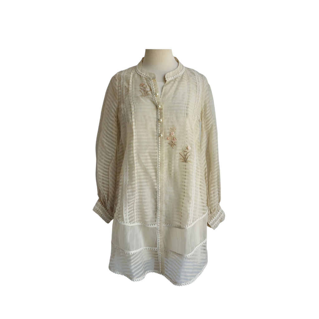 Sania Maskatiya Off White Sheer Embroidered & Lace Short Kurta | Brand New |