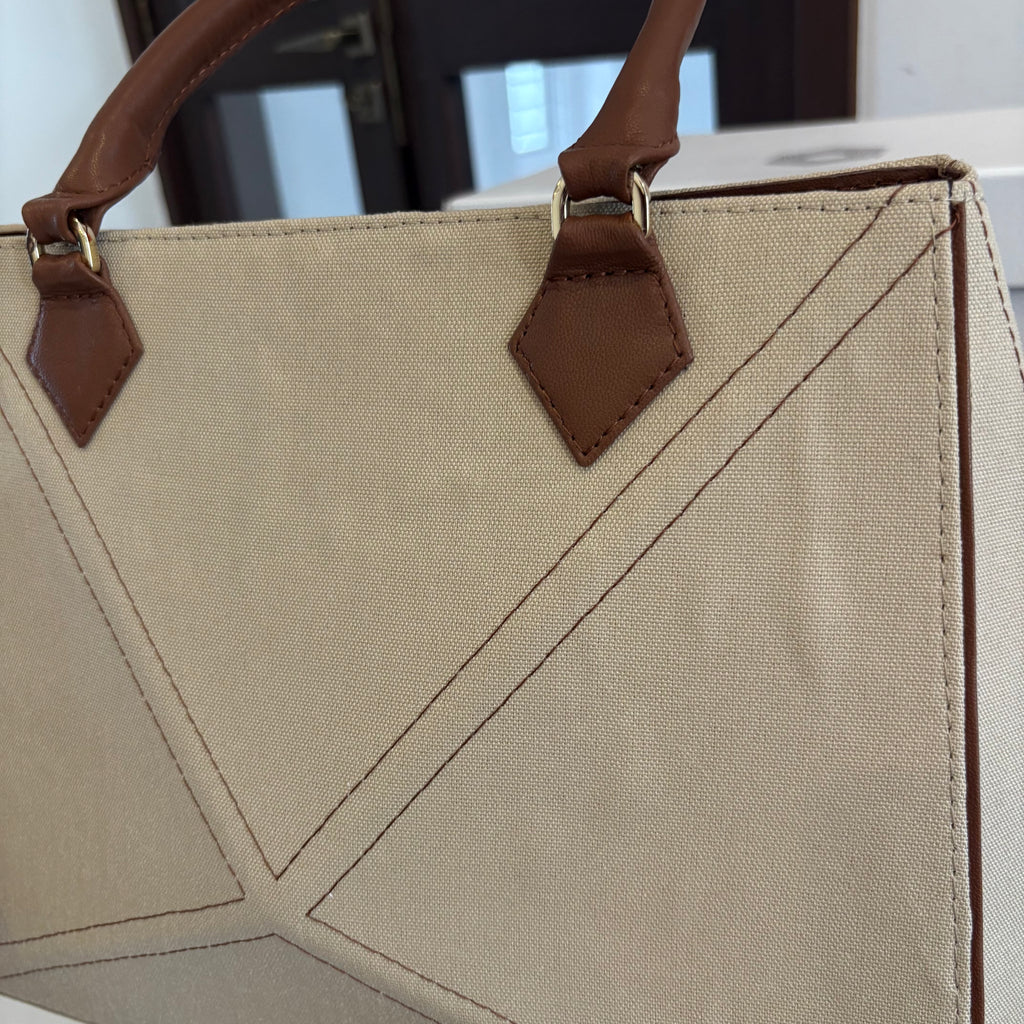 Warp Beige & Brown Canvas & Leather Terracotta Tote Bag | Pre Loved |