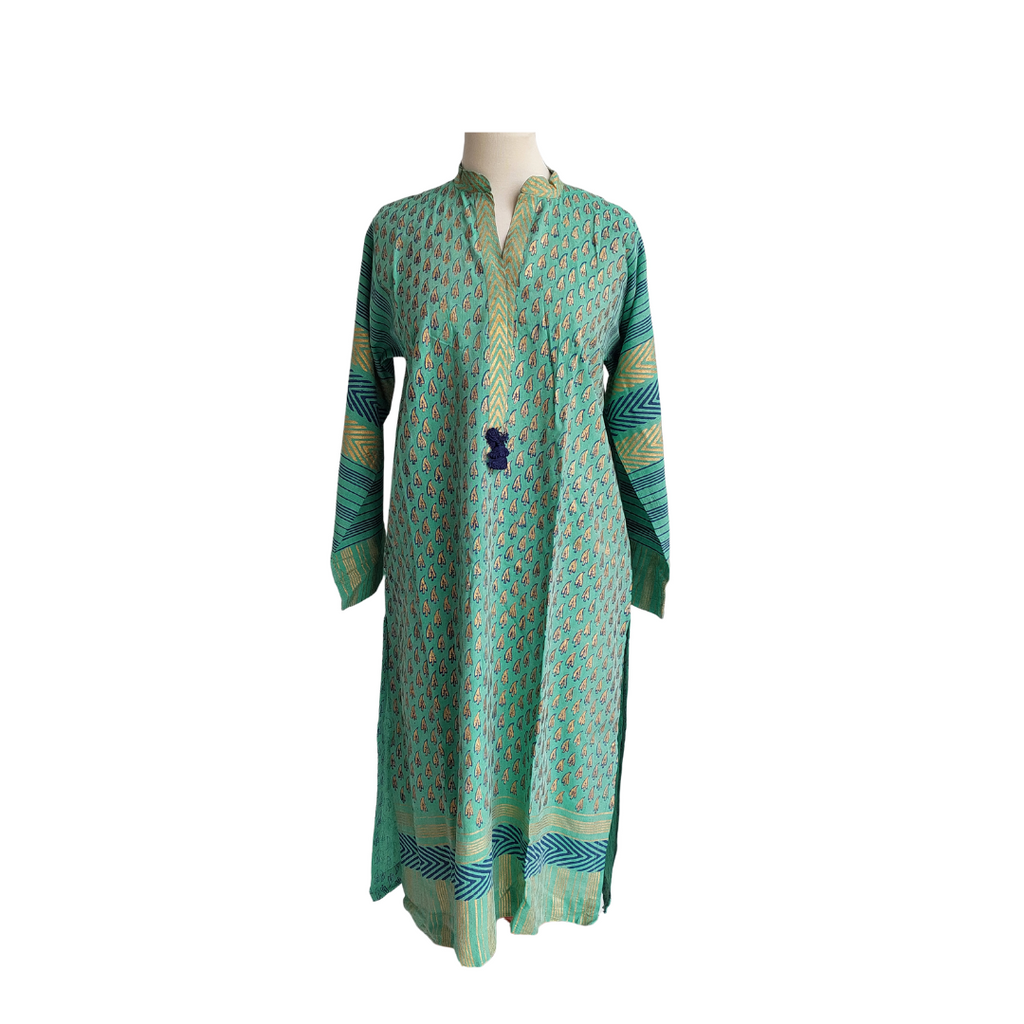 Blocked Green Gold & Blue Leaf Printed Kurta | Pre Loved |