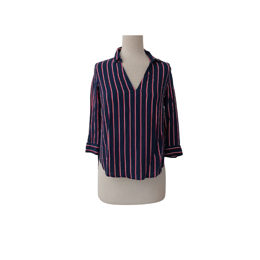 H&M Navy and Red Striped V-Neck Collared Shirt | Pre Loved |