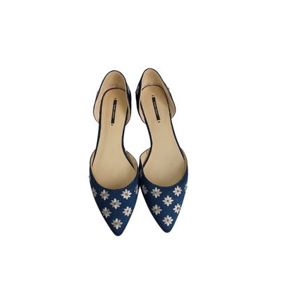 Zara Basic Navy Blue Satin Silver Embroidered Pointed Toe d'Orsay Flats | Pre Loved |