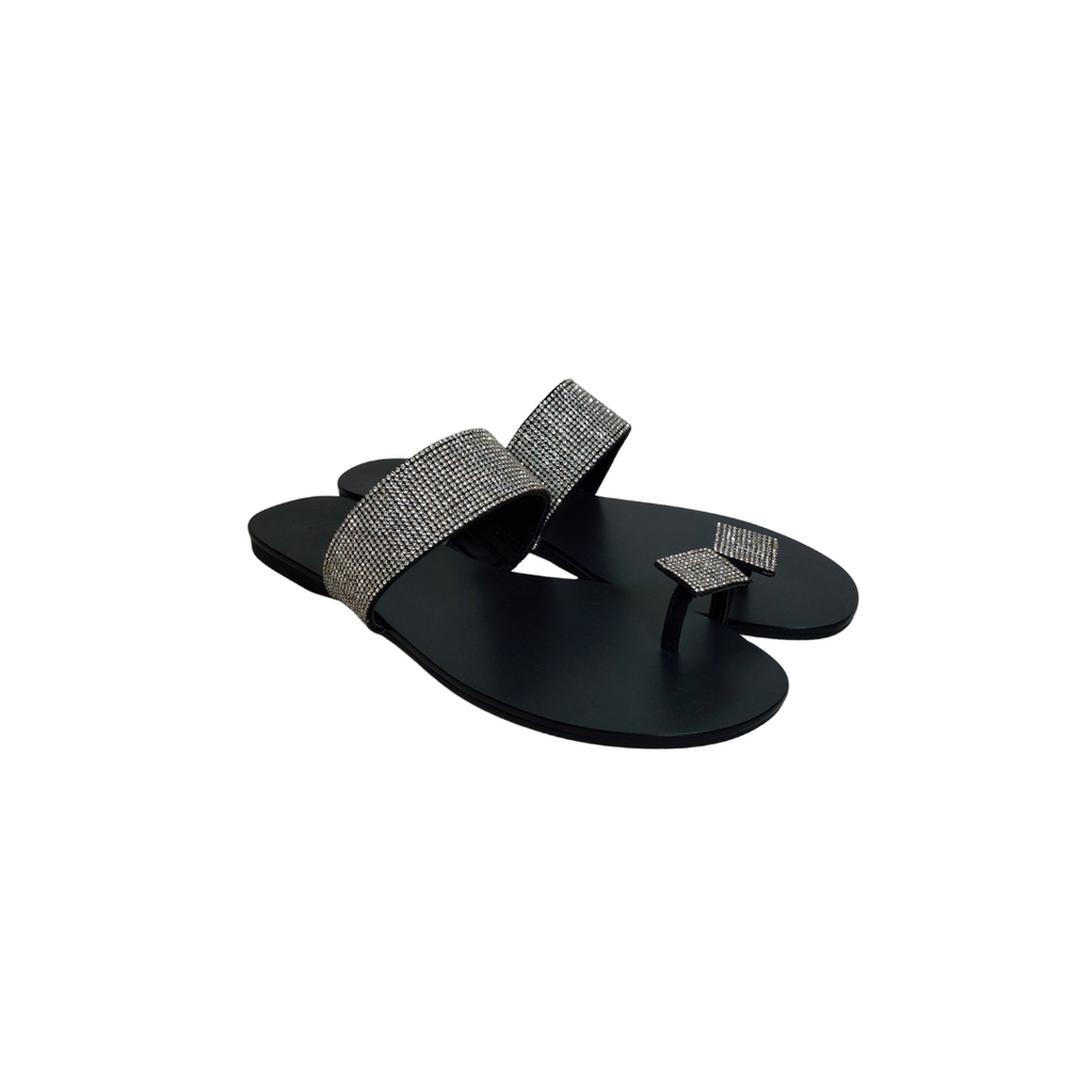 I.N.C Black Leatherette 'Gavena' Rhinestone Flat Sandals | Brand New |
