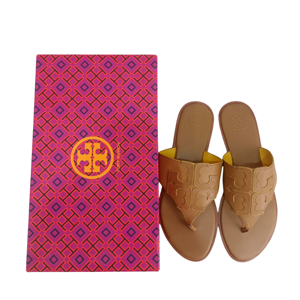 Tory Burch Royal Tan Jamie Full Logo Leather Thong Sandals | Brand New |