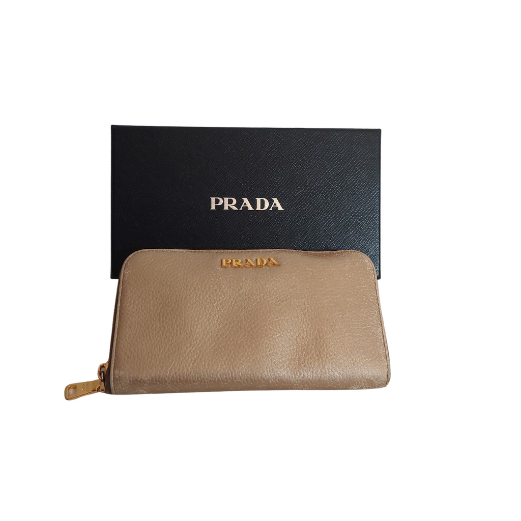 Prada Gold Leather Large Zip around Wallet | Pre Loved |