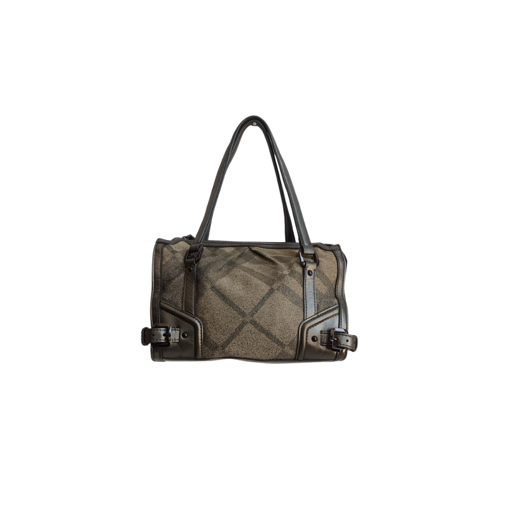 Burberry Beige/Metallic Grey Fabric Check and Leather Pilgrim Tote | Pre Loved |