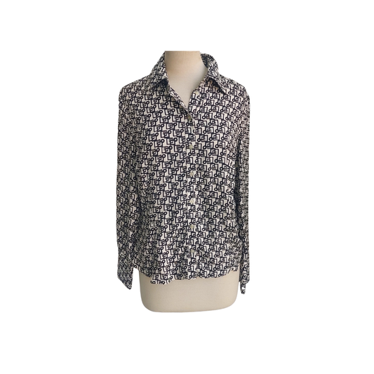 H&M White & Black Geometric Print Button Down Top | Gently Used |