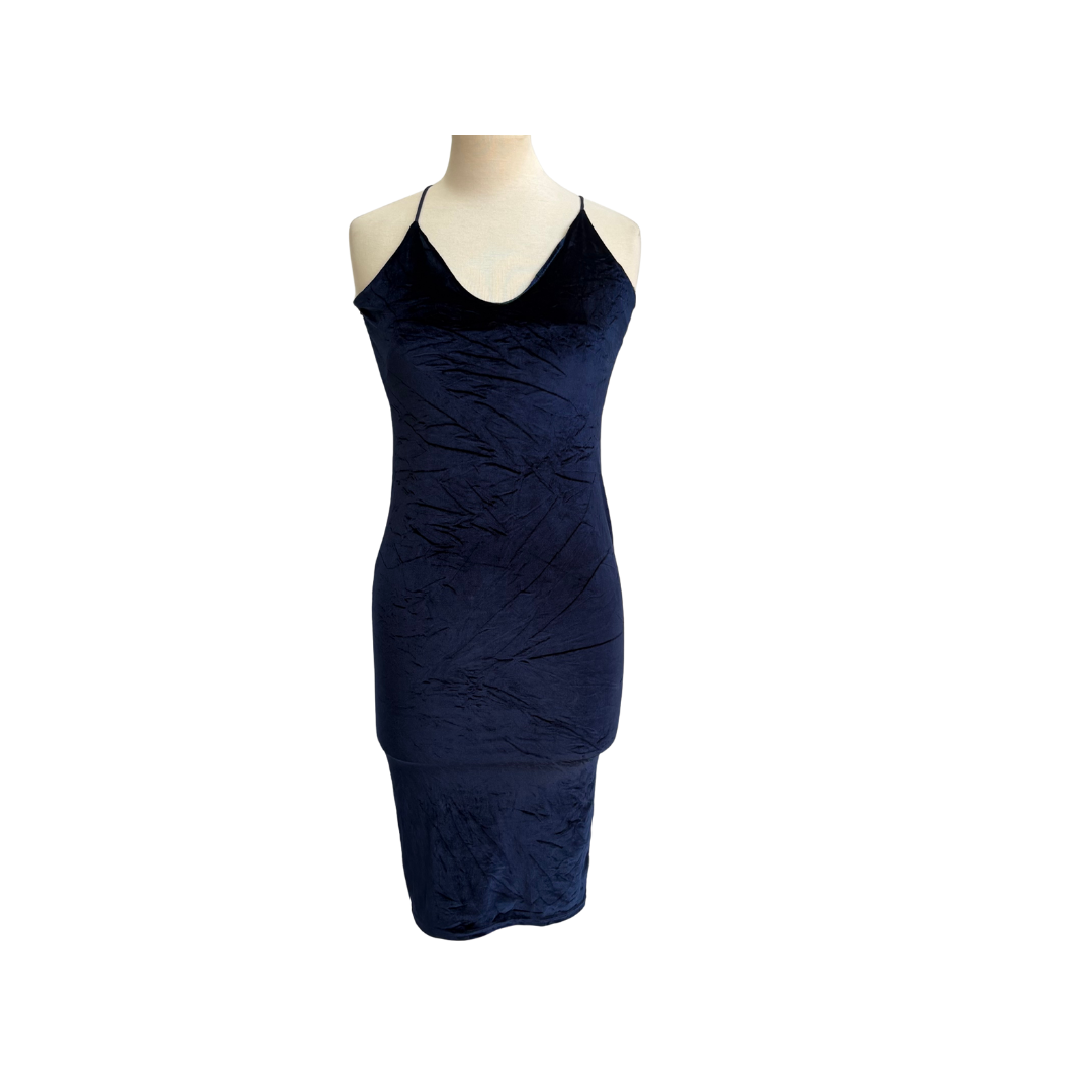 Boohoo Navy Sleeveless Velvet Knee Length Dress | Gently Used