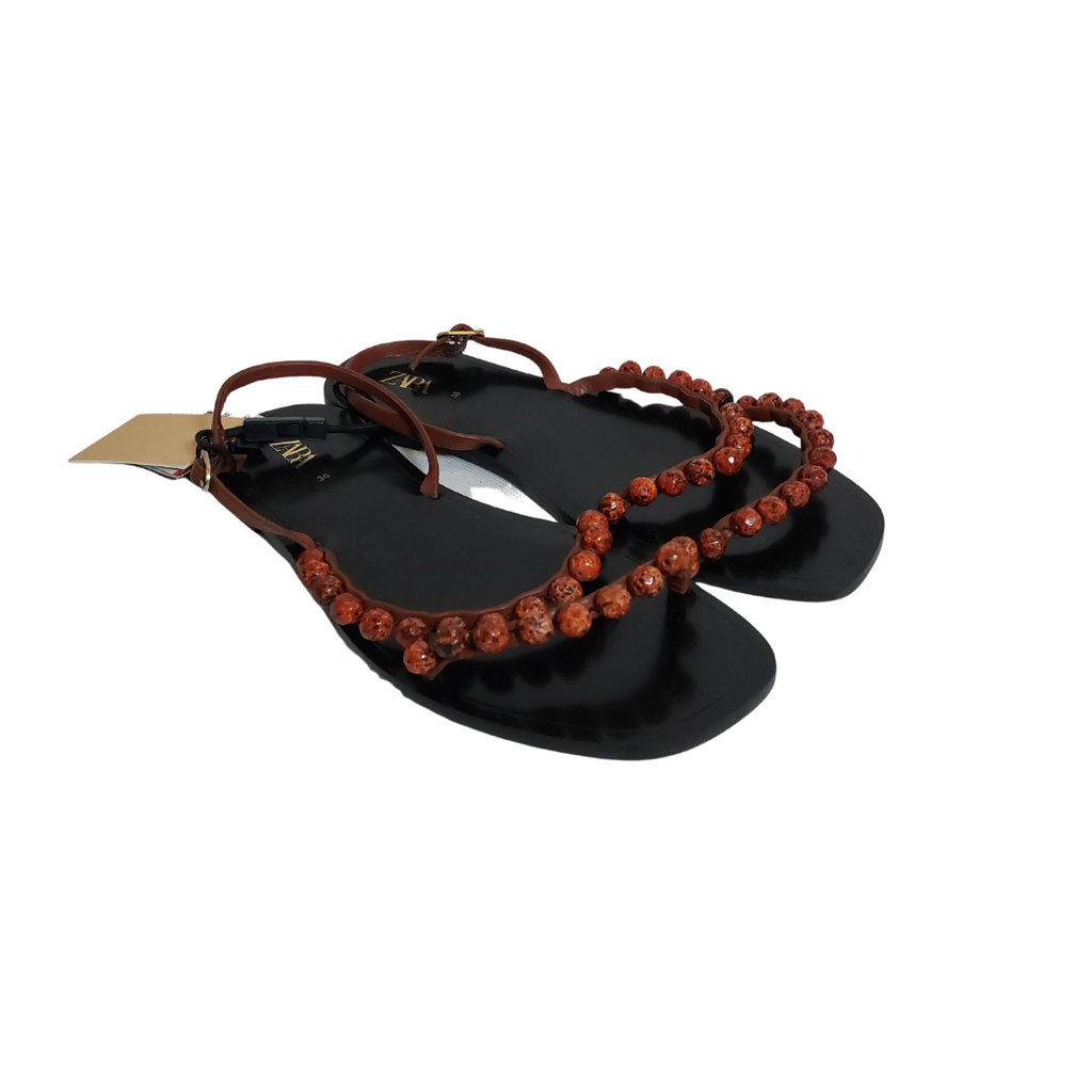 ZARA Brown Beaded Strappy Flat Sandals | Brand new |