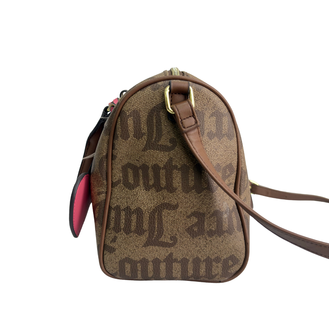 Juicy Couture Brown Gothic Monogram Satchel Bag with Pink Heart Charm | Pre Loved |