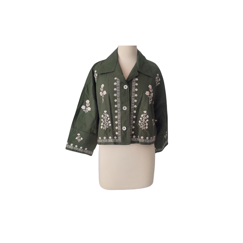 ZARA Green & White Embroidered Cropped Jacket | Pre loved |