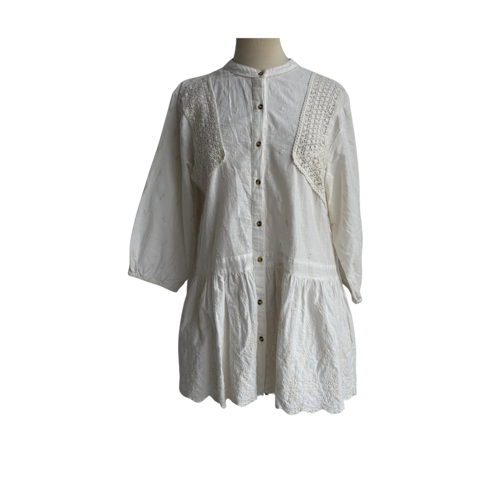 ZARA Off-White Embroidered & Lace Detail Long Collared Top | Gently Used |