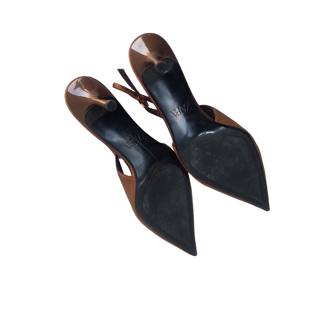 Zara Brown Satin Slingback Heels | Gently Used |