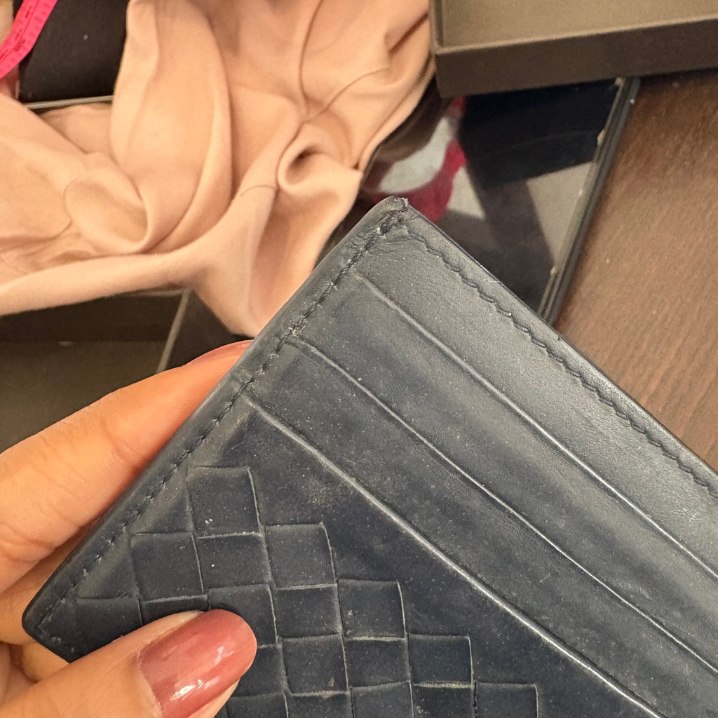 Bottega Veneta Intrecciato Navy Blue Card Holder | Pre Loved |