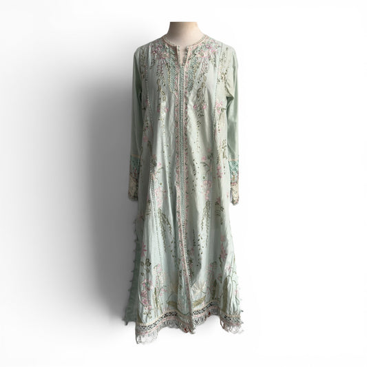 Suffuse Mint Green And Pink Embroidered Outfit ( 3 Piece) | Pre Loved |