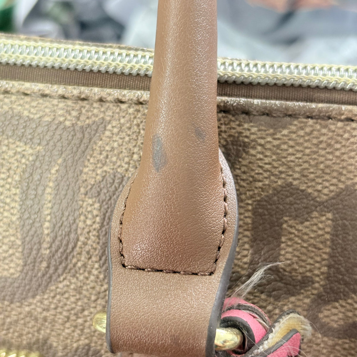 Juicy Couture Brown Gothic Monogram Satchel Bag with Pink Heart Charm | Pre Loved |