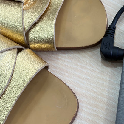 Zara Metallic Gold Leather Cross Strap Sandals | Pre Loved |