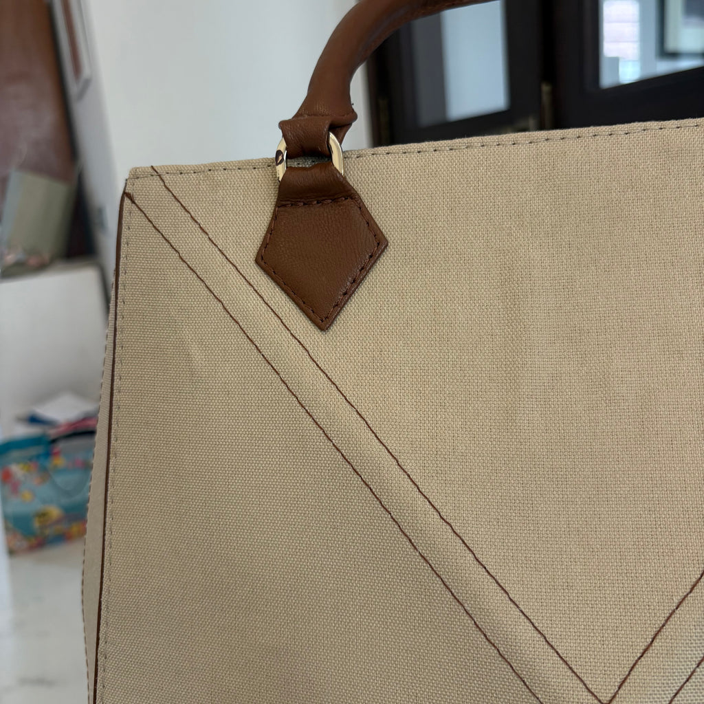Warp Beige & Brown Canvas & Leather Terracotta Tote Bag | Pre Loved |
