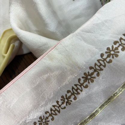 Annus Abrar Ivory Block Print Rawsilk Outfit (2 Piece) | Pre Loved |