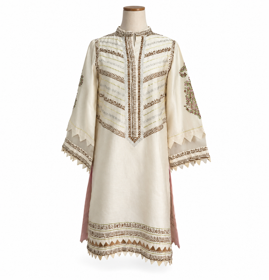 Annus Abrar Ivory Block Print Rawsilk Outfit (2 Piece) | Pre Loved |