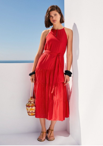 Mango Red Sleeveless Metallic Tinsel Striped Frock | Brand New |