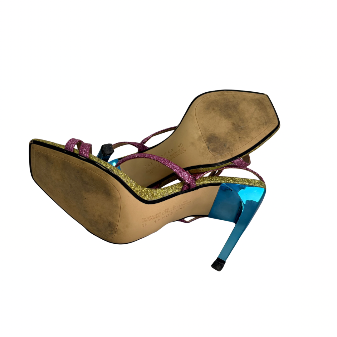 Zara Multicolor Glitter Shiny Multi-Strap Sandals | Pre Loved |