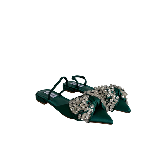 Steve Madden Emerald Satin Embellished Sloane St. Flat Sandals | Brand New |