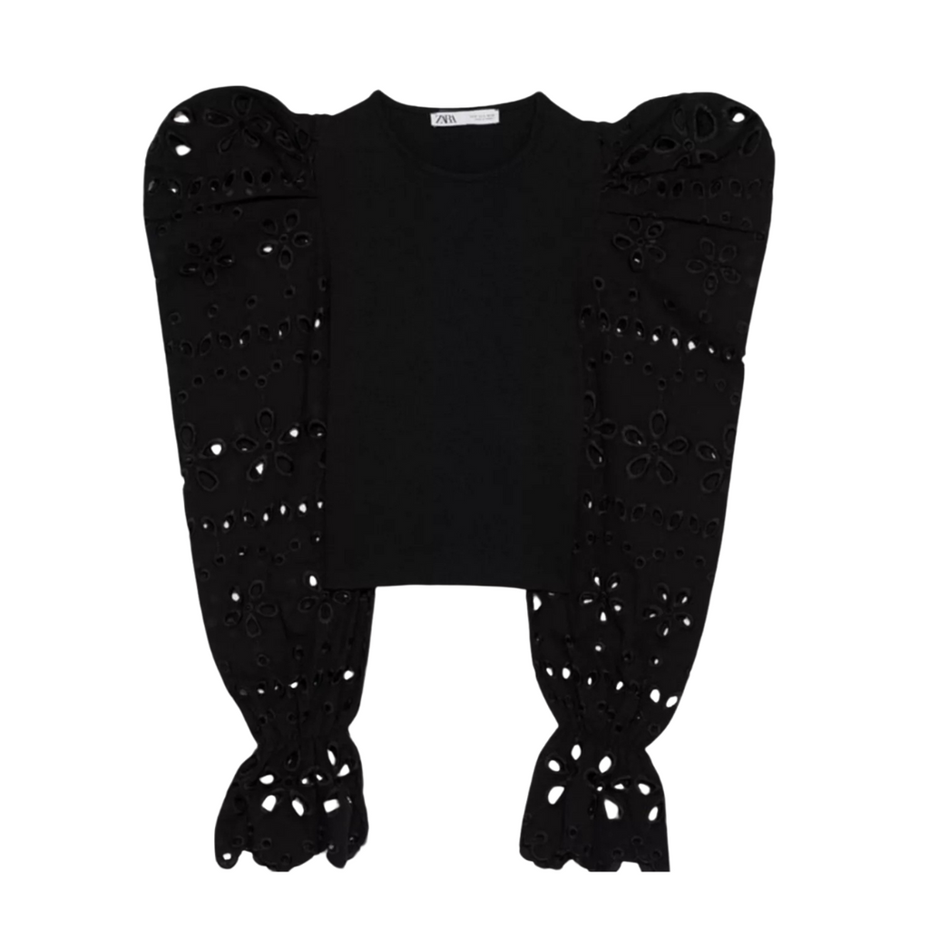 Zara Black Puff Cut-Work Sleeves Blouse | Like New |